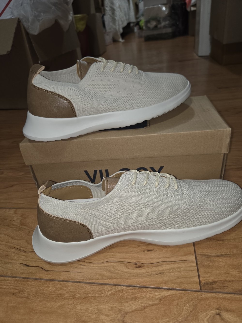 Men's Knit Sneakers in Cream with Brown Heel